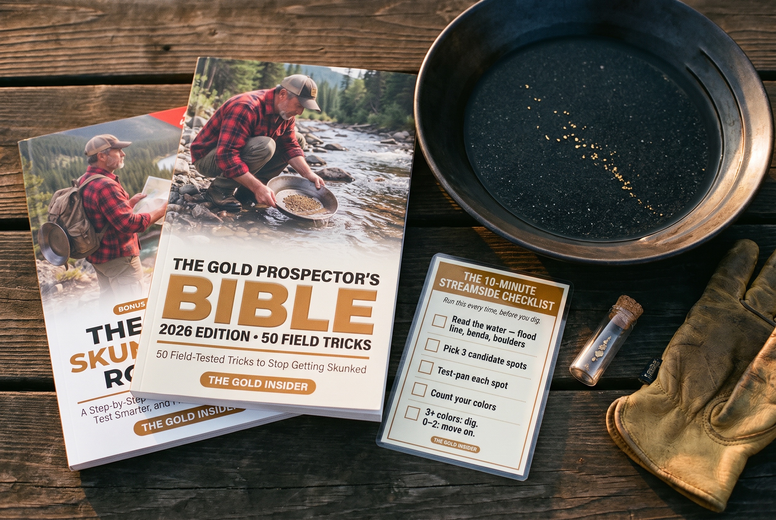 The Gold Prospector's Bible and 30-Day Roadmap on a wooden table beside a gold pan with visible color and a glass vial